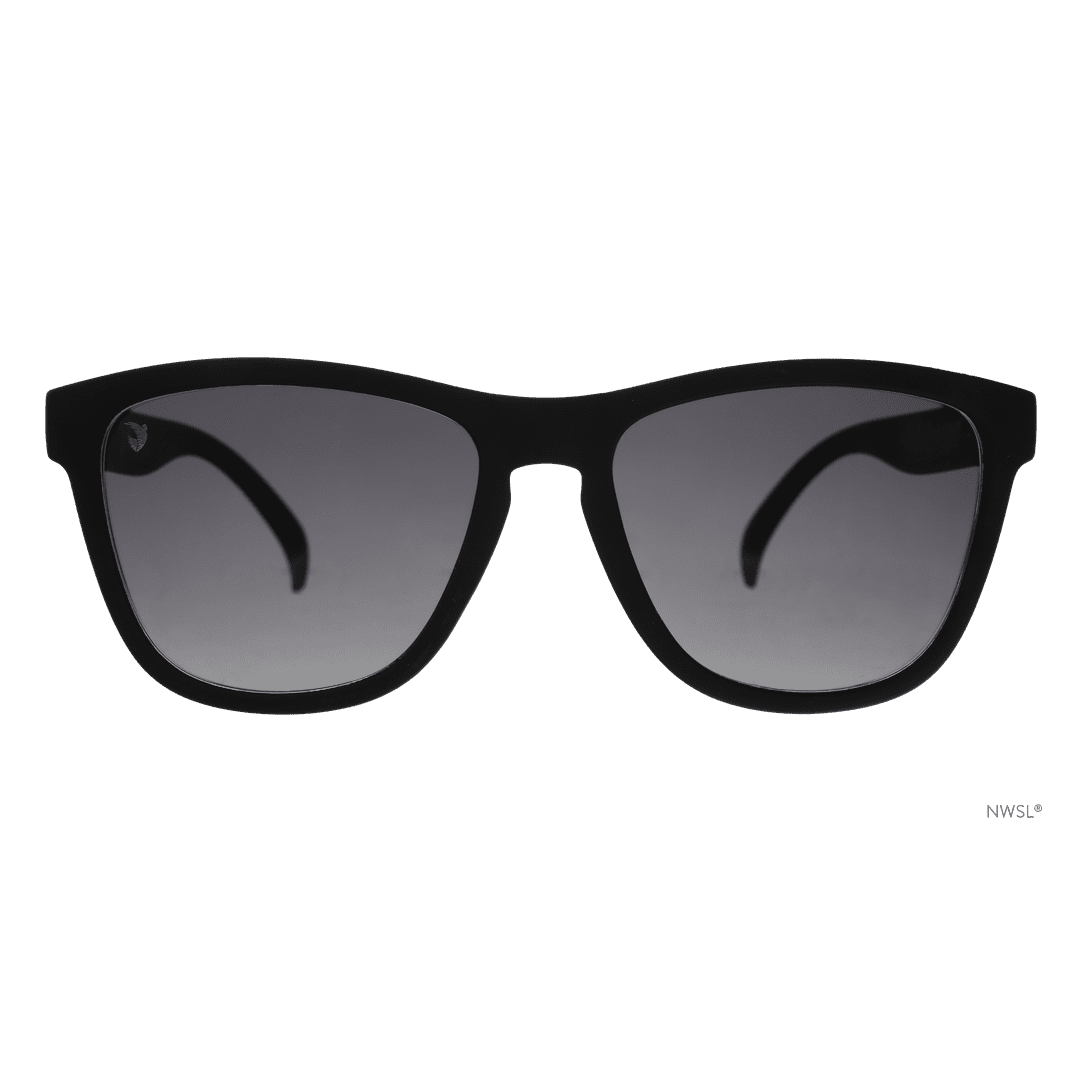 Angel City FC "¡Volemos!” polarized sunglasses by Rare Air Discs, front view showing transparent frame and design details.