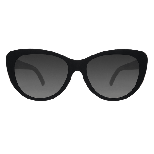 Rare Air Discs "It's Noir, Darling" Glam G polarized sunglasses with transparent frames and dark lenses.