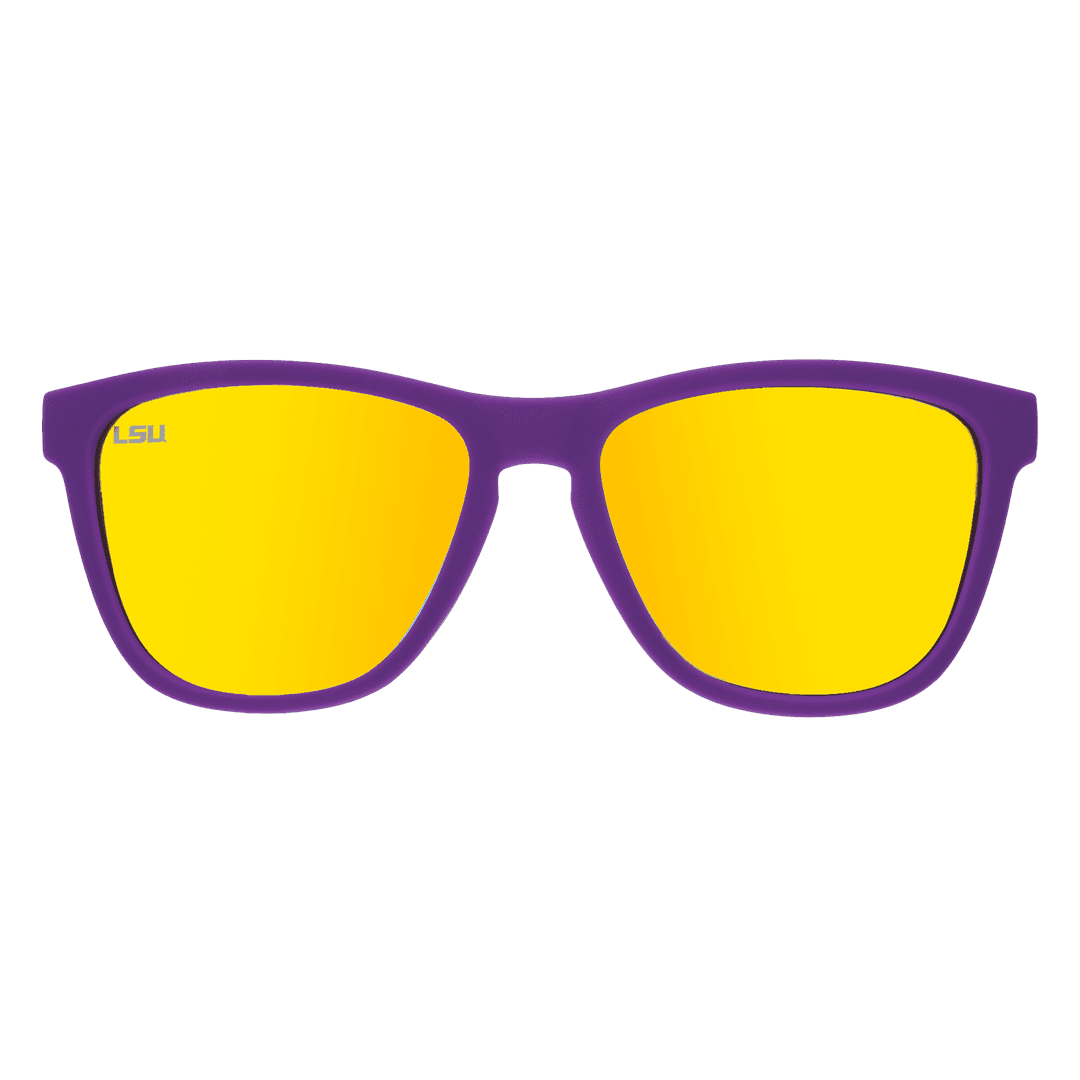 Rare Air Discs LSU "Geaux Tigers" polarized sunglasses with transparent frames, showcasing collegiate accessories for LSU fans.