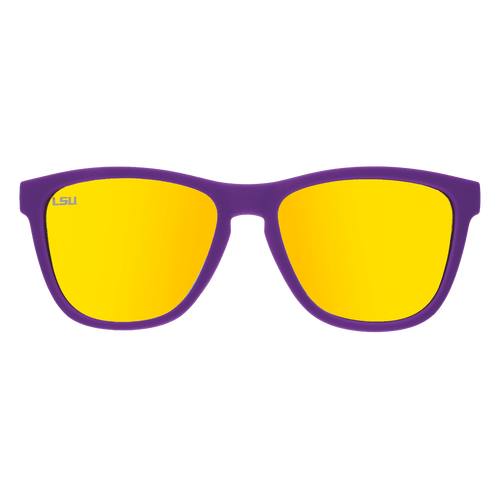 Rare Air Discs LSU "Geaux Tigers" polarized sunglasses with transparent frames, showcasing collegiate accessories for LSU fans.