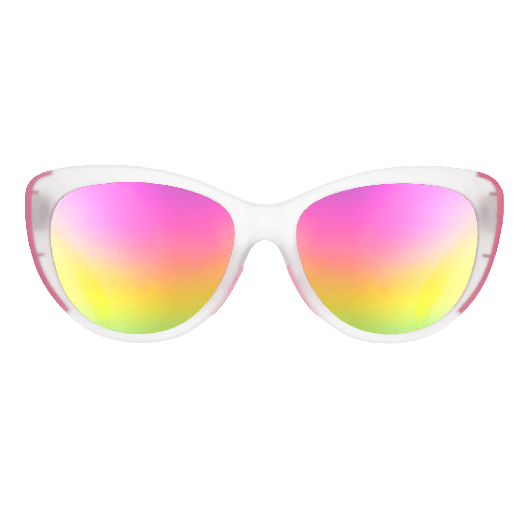Rainbow Runway Ready Glam G polarized sunglasses by Rare Air Discs with transparent frames and colorful rainbow lenses.