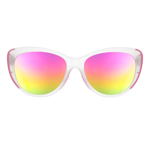 Rainbow Runway Ready Glam G polarized sunglasses by Rare Air Discs with transparent frames and colorful rainbow lenses.