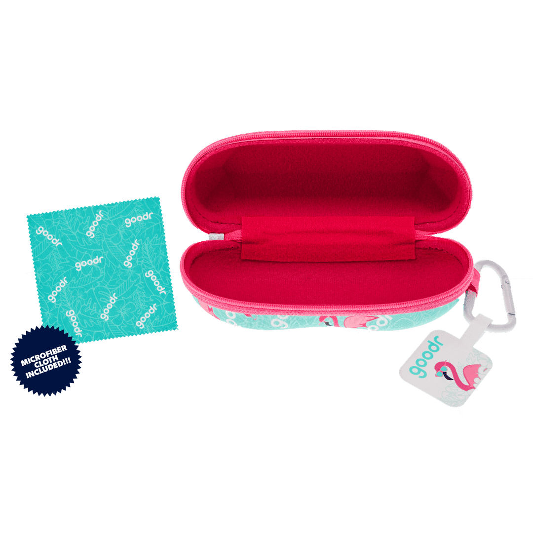 Transparent sunglasses case from Rare Air Discs with a carabiner clip, designed for protecting and carrying accessories.
