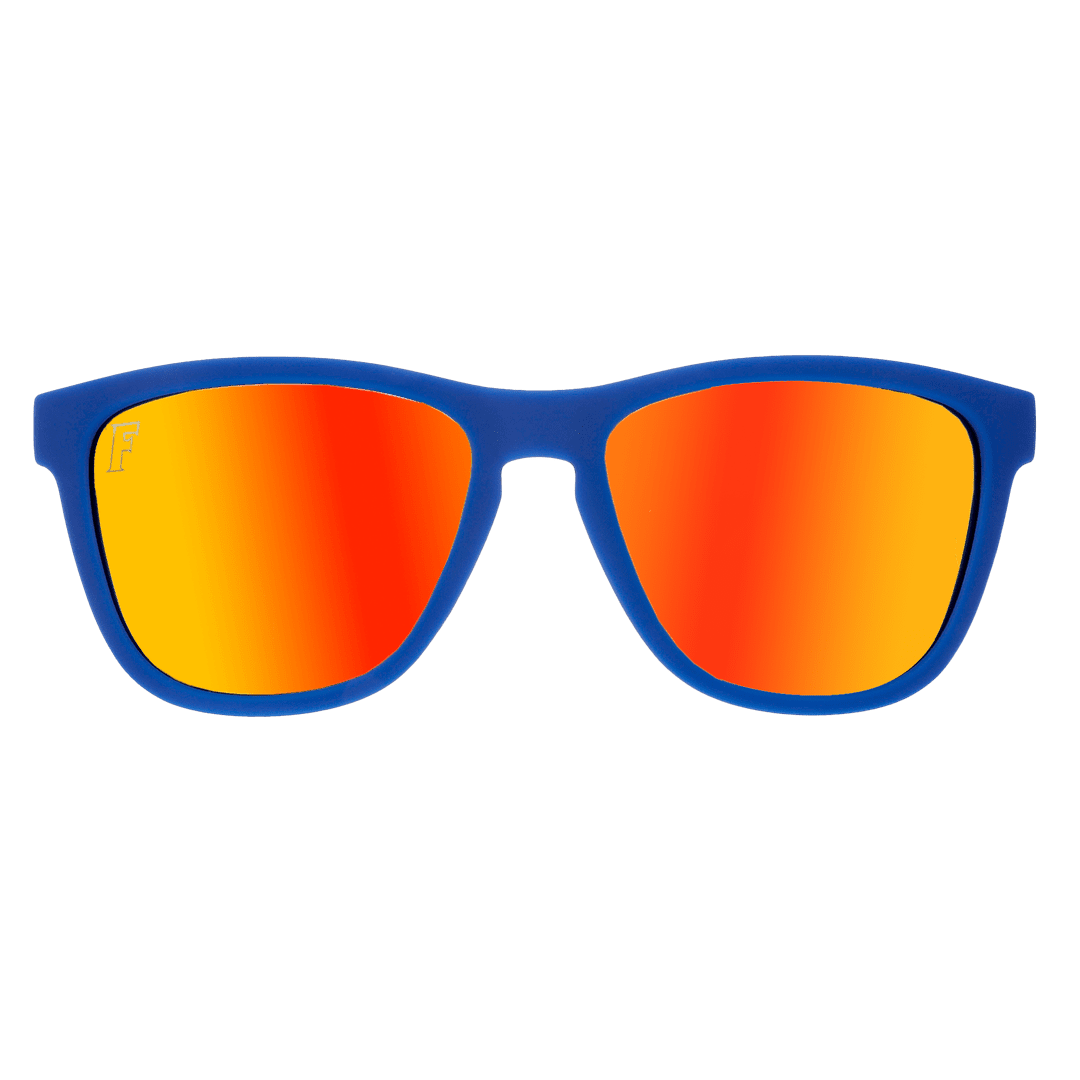 Pair of Rare Air Discs "Meet Me At The Swamp" Florida Collegiate OG polarized sunglasses with transparent frames and dark lenses.