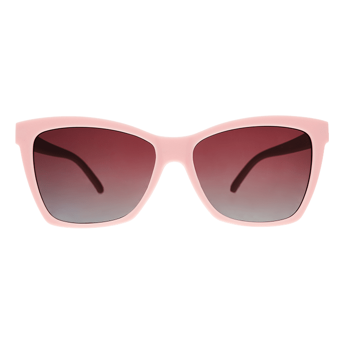 Rare Air Discs Rosé Retail Therapy polarized Pop G sunglasses with transparent frame and pink-tinted lenses, front view.