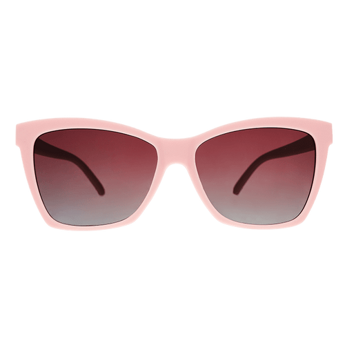 Rare Air Discs Rosé Retail Therapy polarized Pop G sunglasses with transparent frame and pink-tinted lenses, front view.