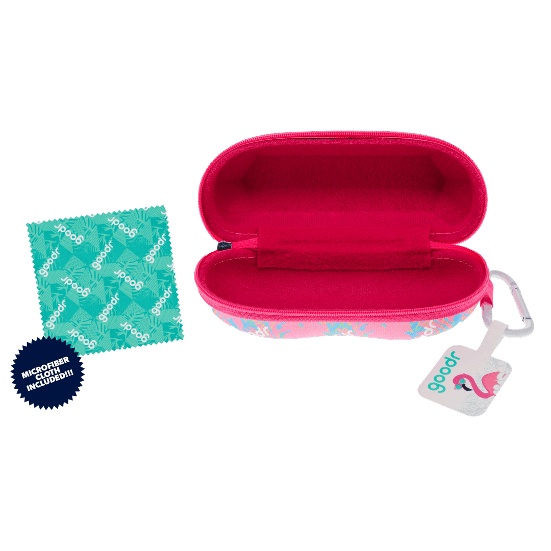 Transparent Rare Air Discs sunglasses case with carabiner attachment, compact accessory for protecting eyewear.