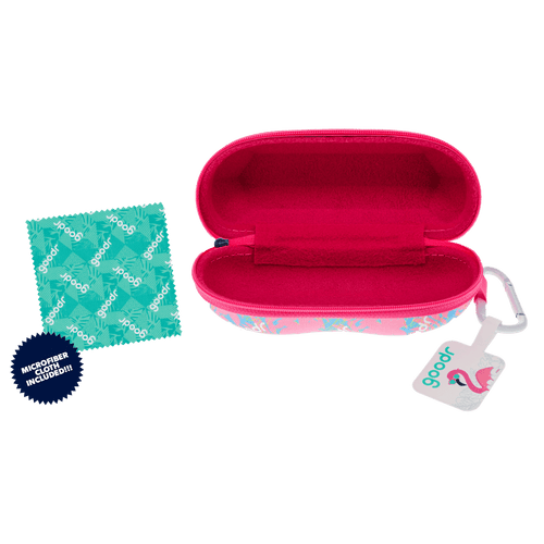 Transparent Rare Air Discs sunglasses case with carabiner attachment, compact accessory for protecting eyewear.
