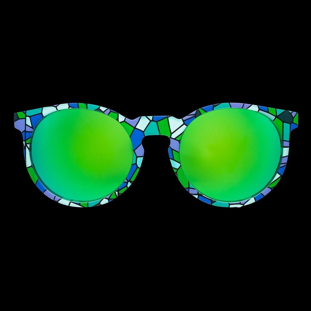 Rare Air Discs Moody Mosaic Musings Limited Circle G polarized sunglasses with colorful mosaic design and transparent frame.