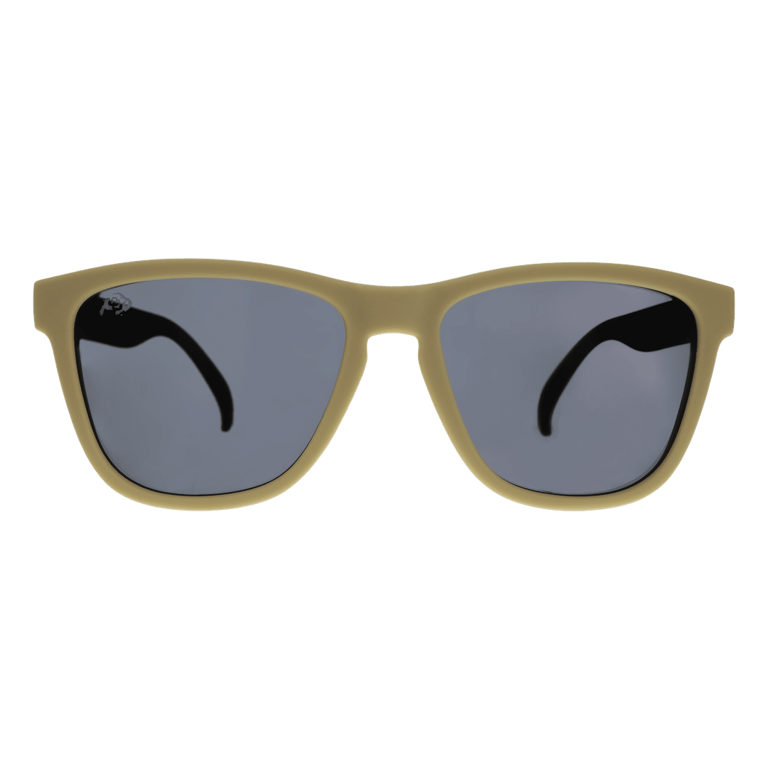 Rare Air Discs "Let's Go Buffs!!!" CU Collegiate OG polarized sunglasses, front view showing clear frame and logo detail.
