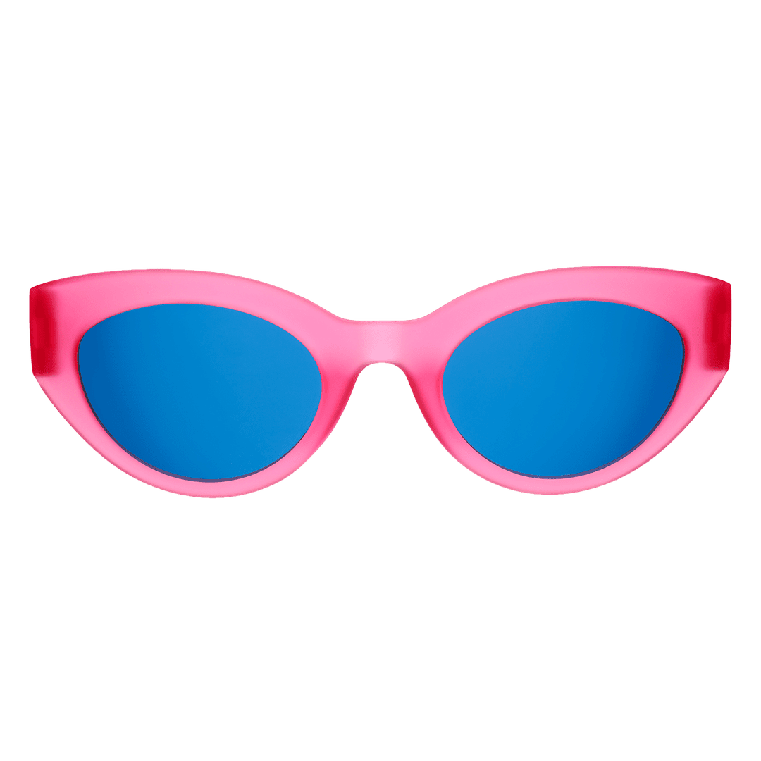 Rare Air Discs "Once In A Pink Moon" polarized sunglasses with pink-tinted lenses and transparent frame, front view.