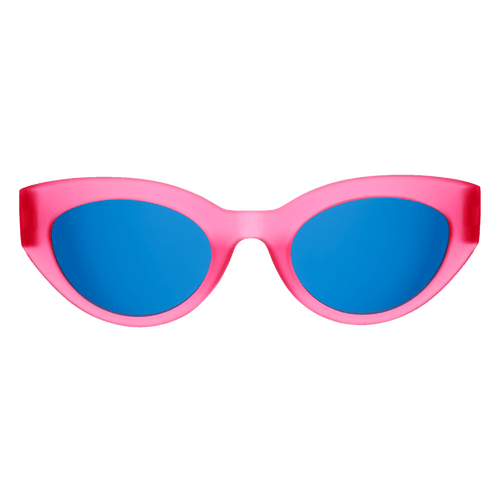 Rare Air Discs "Once In A Pink Moon" polarized sunglasses with pink-tinted lenses and transparent frame, front view.