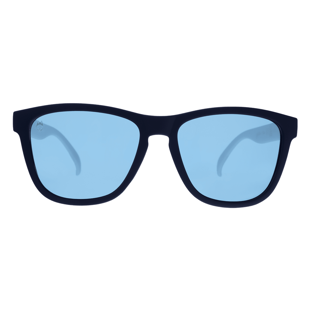 UCONN collegiate polarized sunglasses by Rare Air Discs, front view showing transparent frame and UCONN logo on the accessories