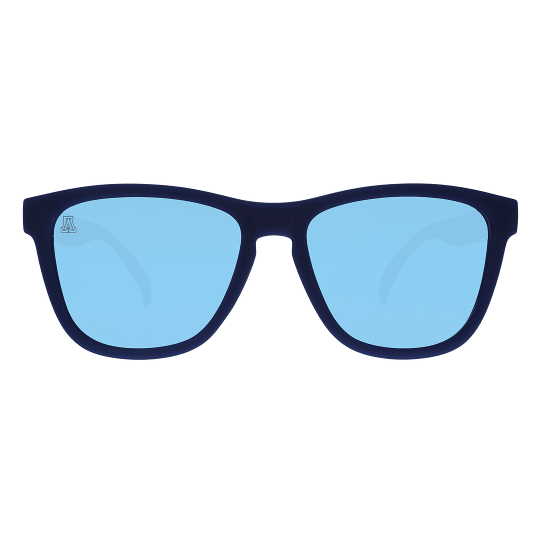 Arizona collegiate "Welcome To Wildcat Country" polarized sunglasses by Rare Air Discs, front view showing transparent frame and branding.