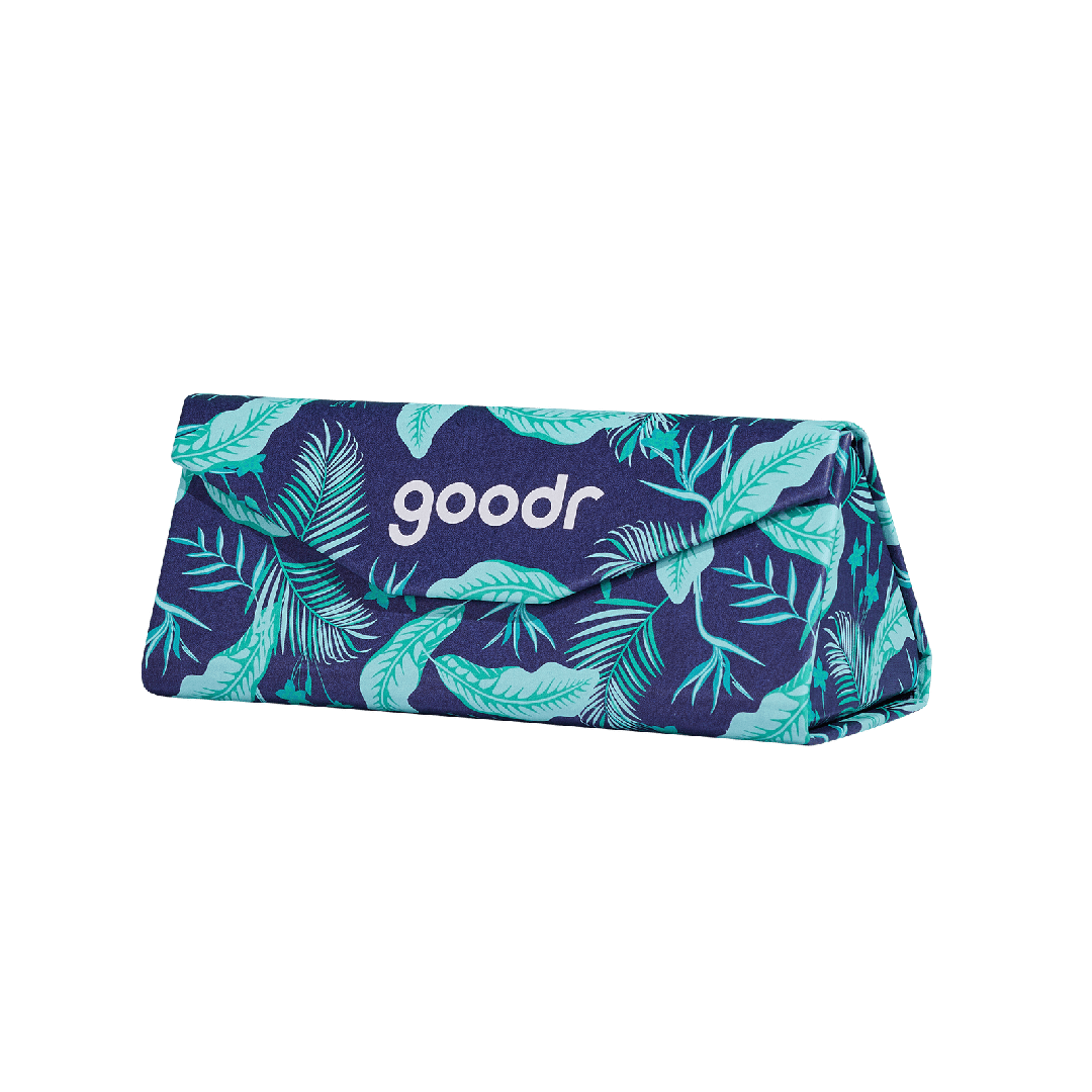Transparent folding sunglasses case from Rare Air Discs, compact and protective accessory with "Enter The Fold" branding on the front.