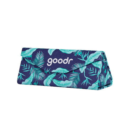 Transparent folding sunglasses case from Rare Air Discs, compact and protective accessory with "Enter The Fold" branding on the front.