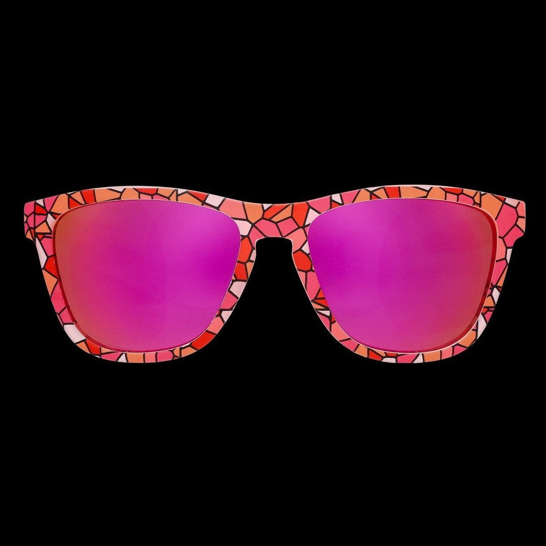 Rare Air Discs stained glass sex symbol polarized sunglasses with transparent frames, showcasing vibrant, artistic design.