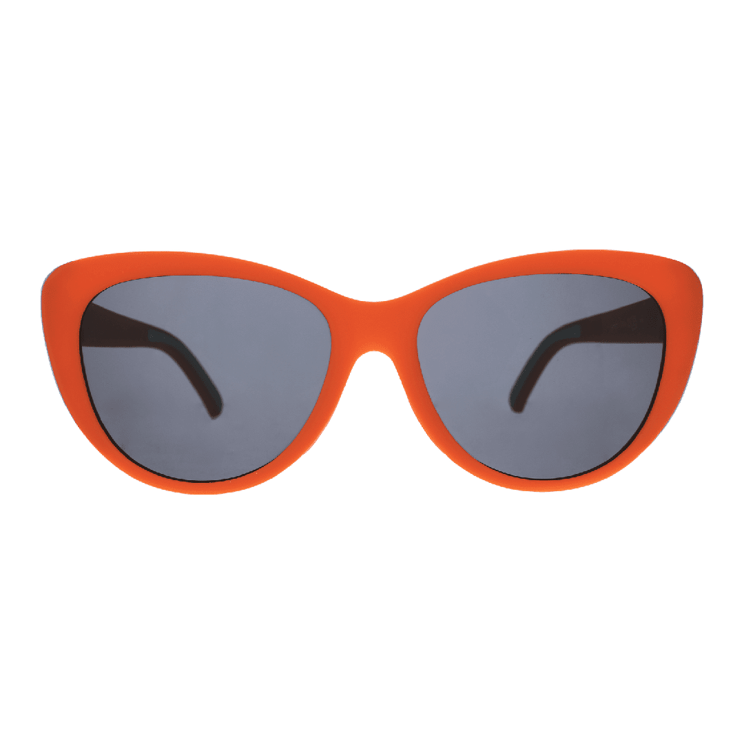 Orange Glam G Polarized sunglasses with cherry stem and tongue detail, featuring transparent frames and accessories by Rare Air Discs.
