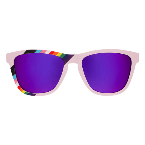 Transparent polarized sunglasses with "We're Here To Slay" logo, stylish accessories from Rare Air Discs for Pride Fest '25.