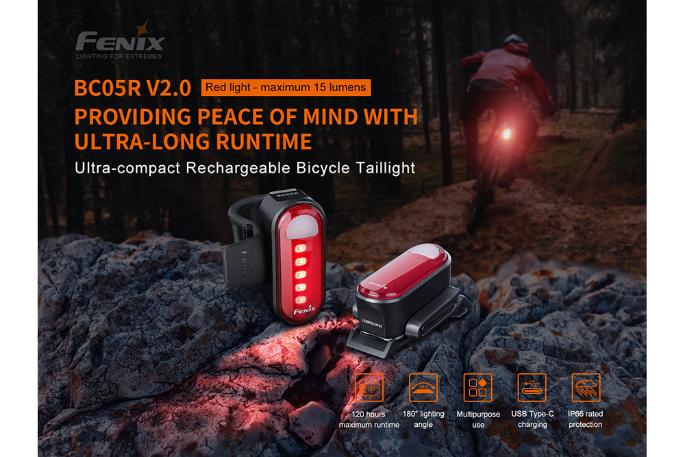 Fenix BC05R V2.0 rechargeable bicycle tail light mounted on a bike, illuminating the road for safety.