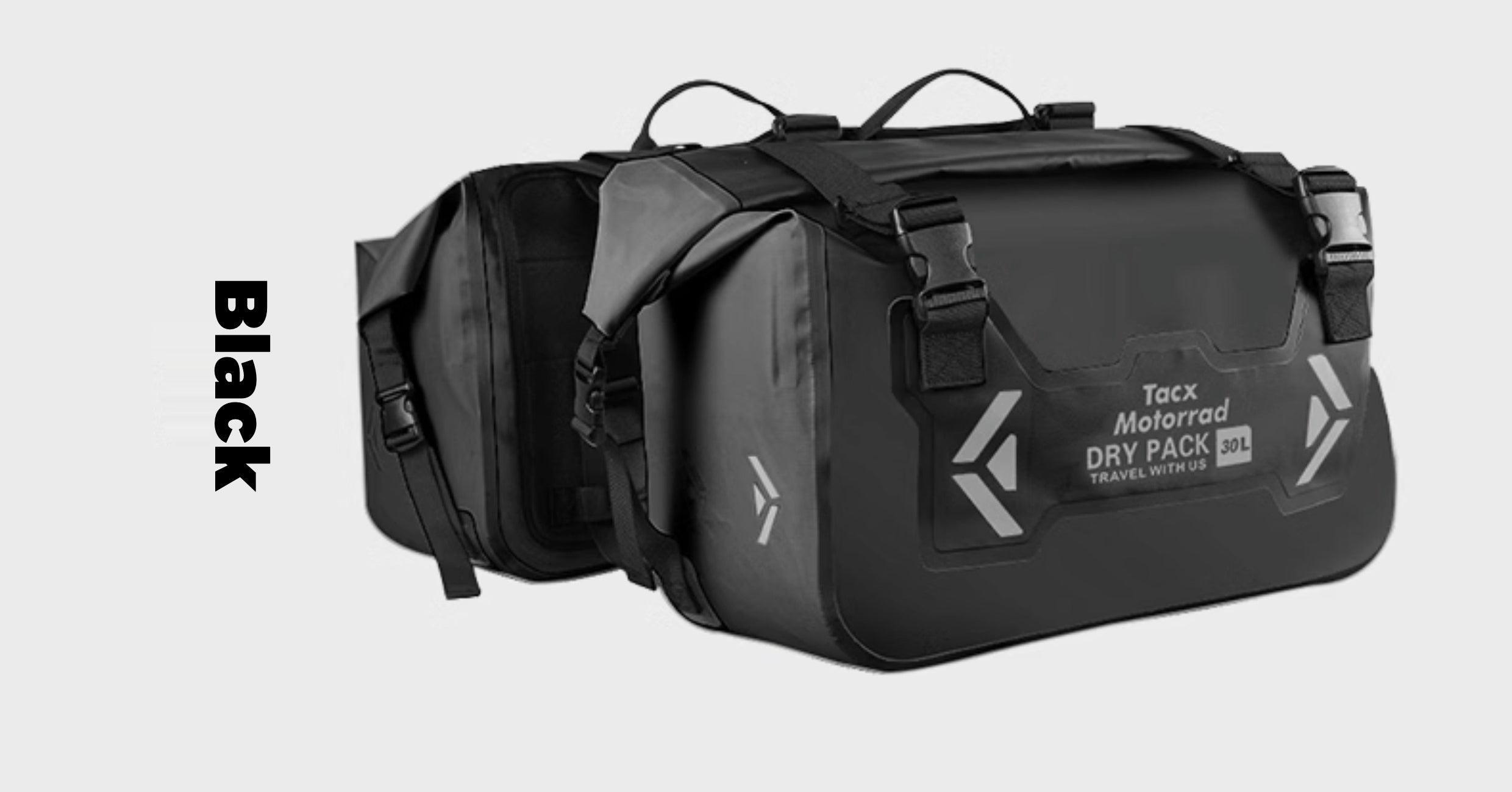 Bean's Moto Booth TACX™ 2-in-1 waterproof motorcycle saddlebag and pannier bag attached to a motorcycle for touring.
