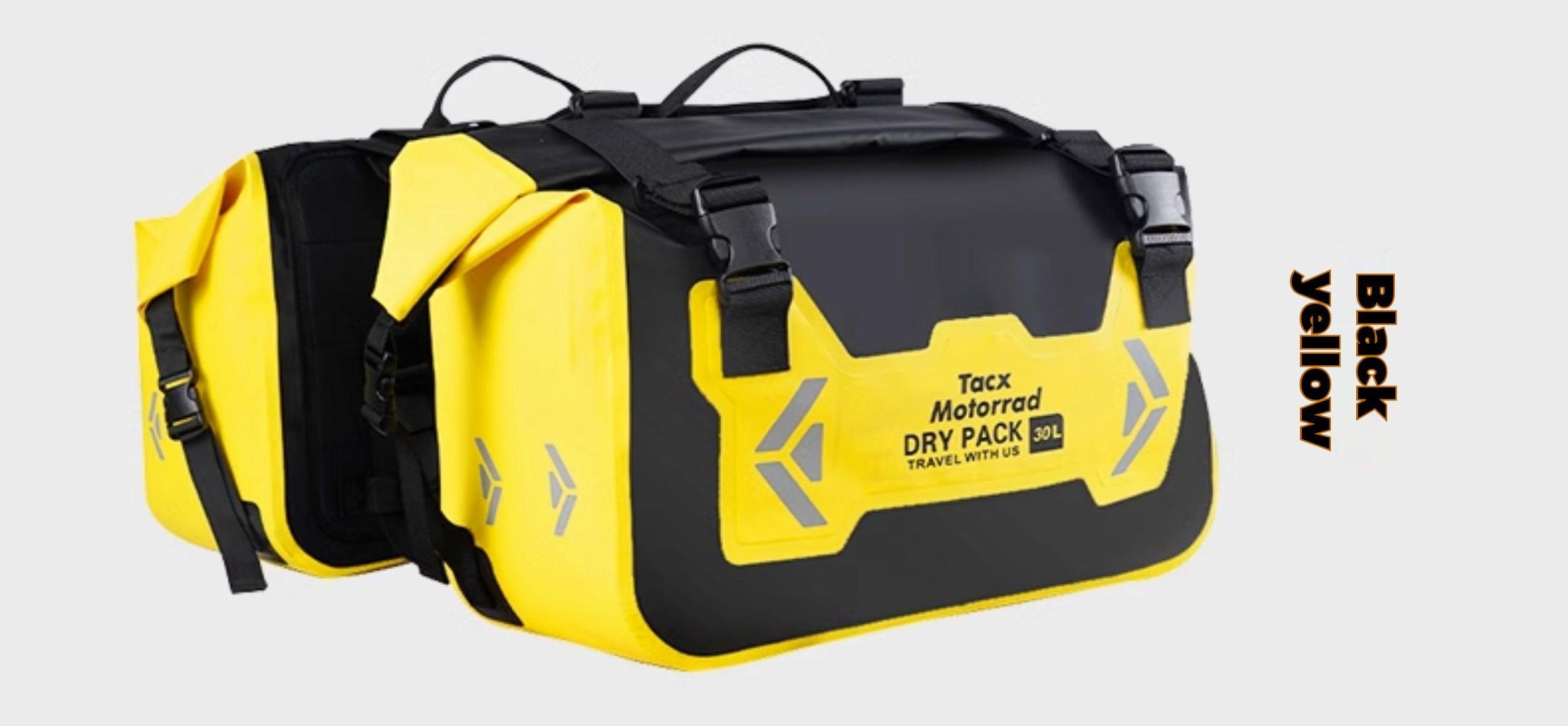 TACX™ 2-in-1 detachable waterproof motorcycle saddlebag and pannier bag with adjustable straps and reflective accents.