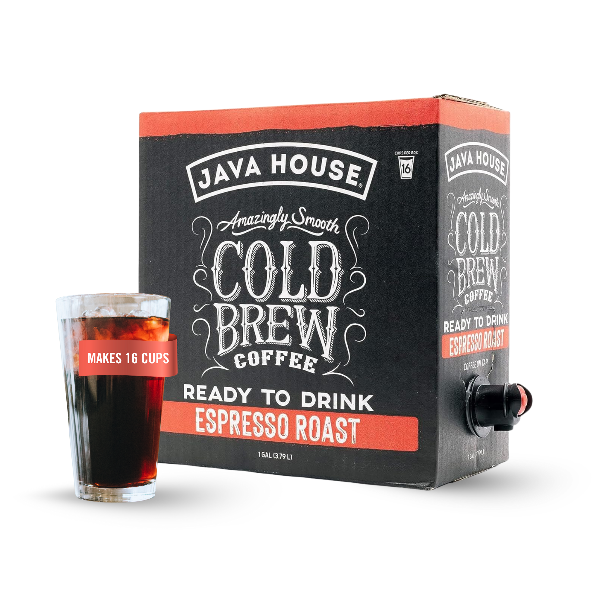 Cold brew on tap espresso from Java House, served in a clear glass with a dark, rich coffee appearance.