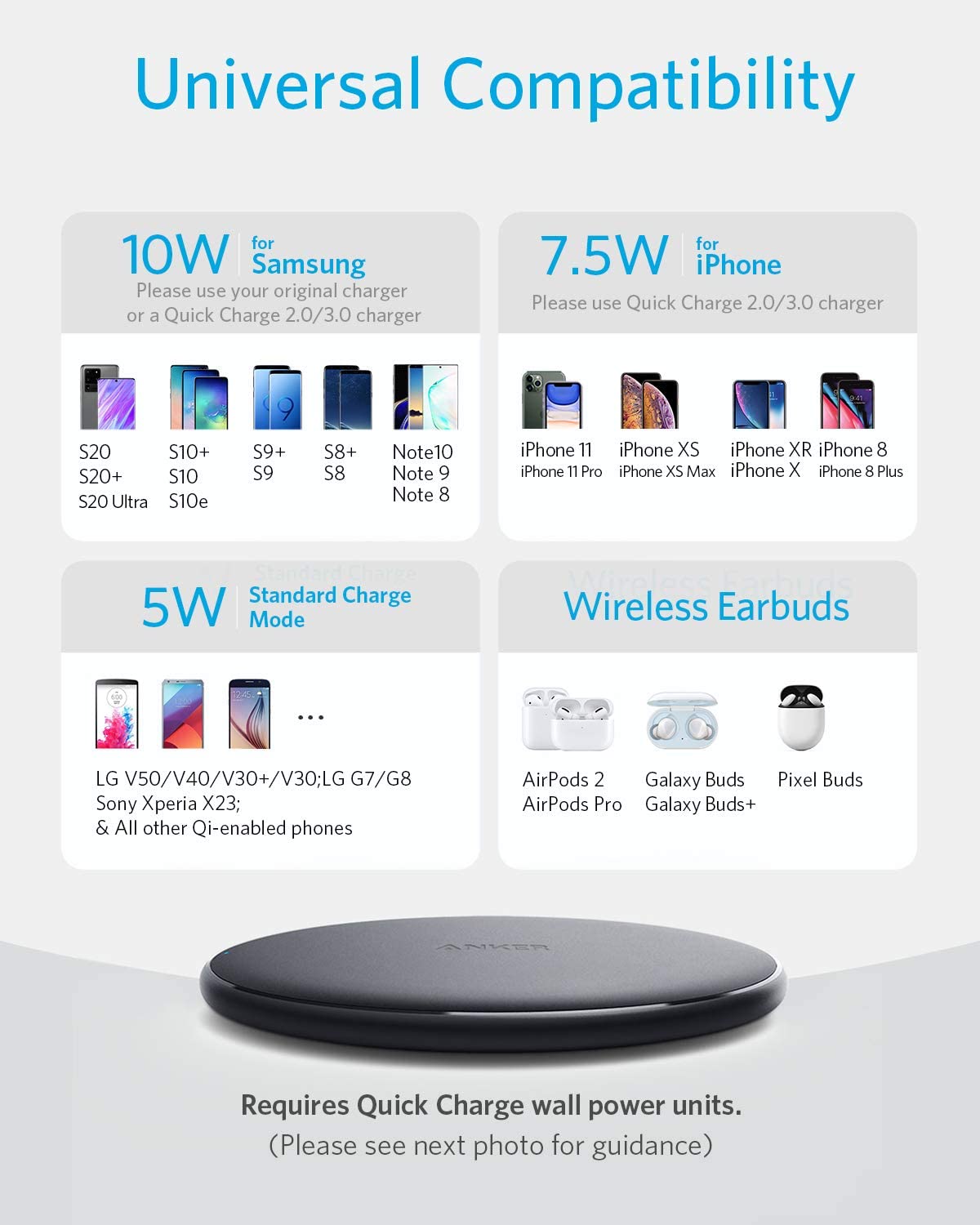 Anker 313 wireless charging pad with sleek design, compatible with various smartphones for efficient charging.