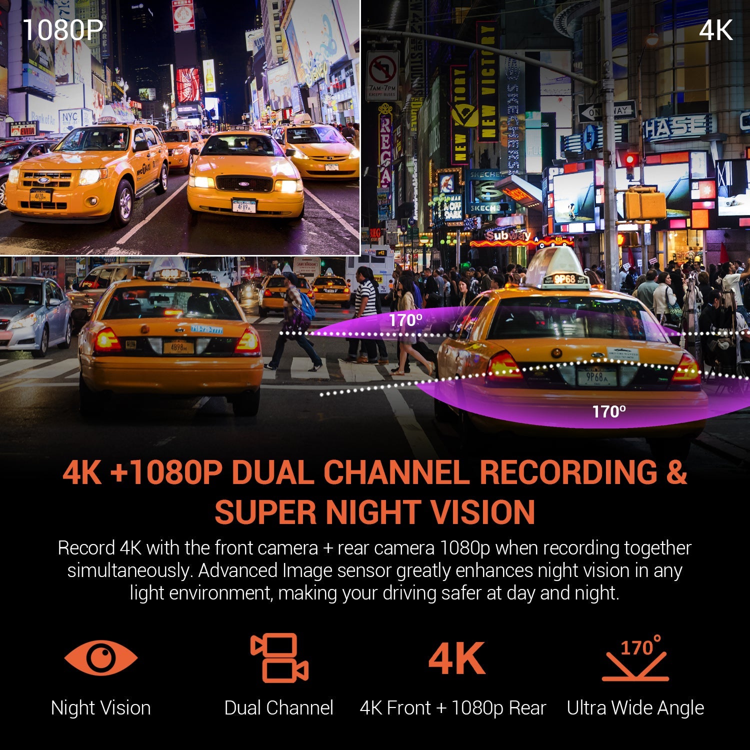 Rexing V1P 4K dual channel dash cam with Wi-Fi showing front and rear cameras mounted inside a vehicle.
