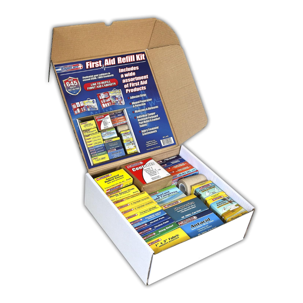 Rapid Care First Aid large refill kit with 645 pieces, three-shelf first aid kit refill for emergency medical supplies.