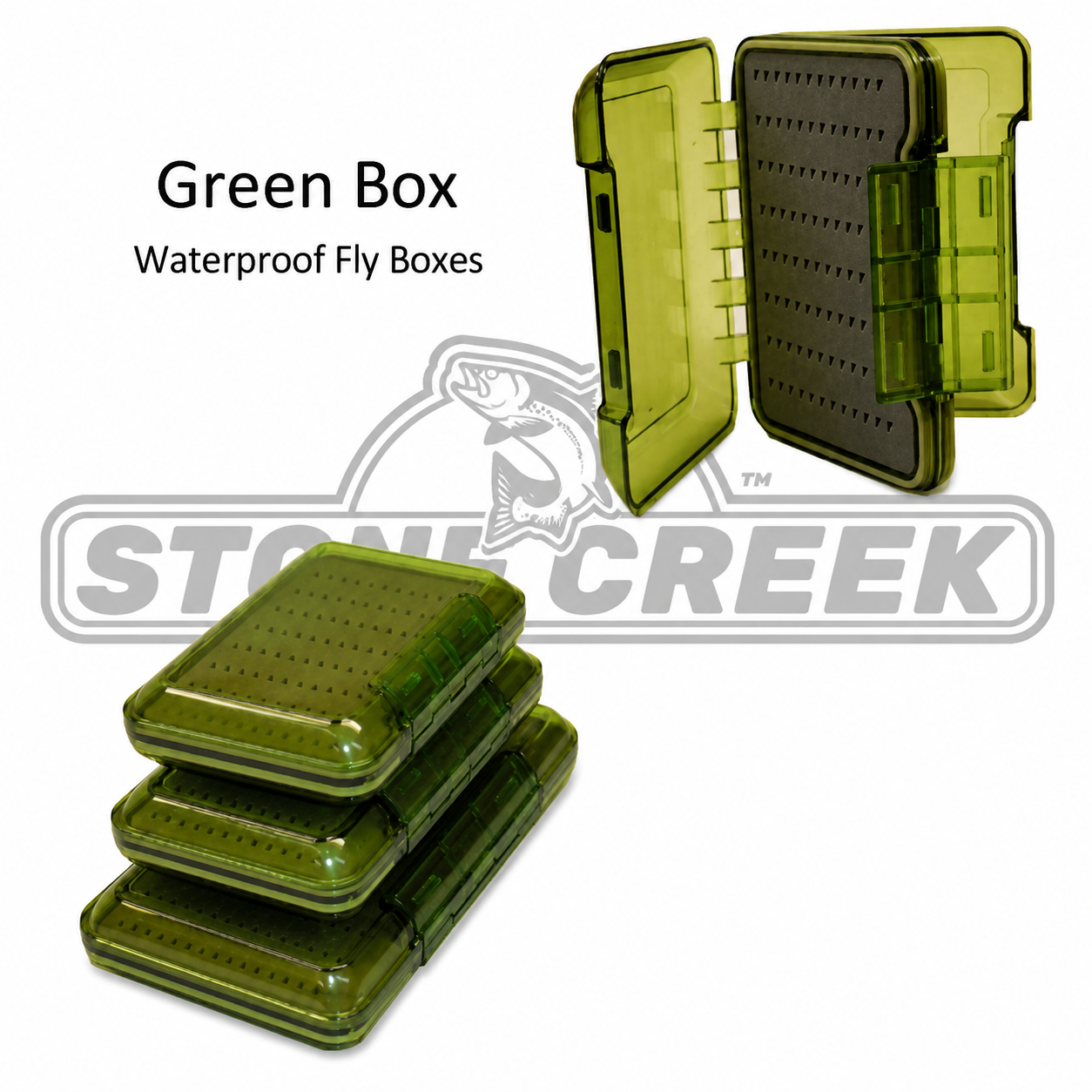 Stone Creek Outfitters green fly box with multiple compartments for storing fishing flies and tackle.