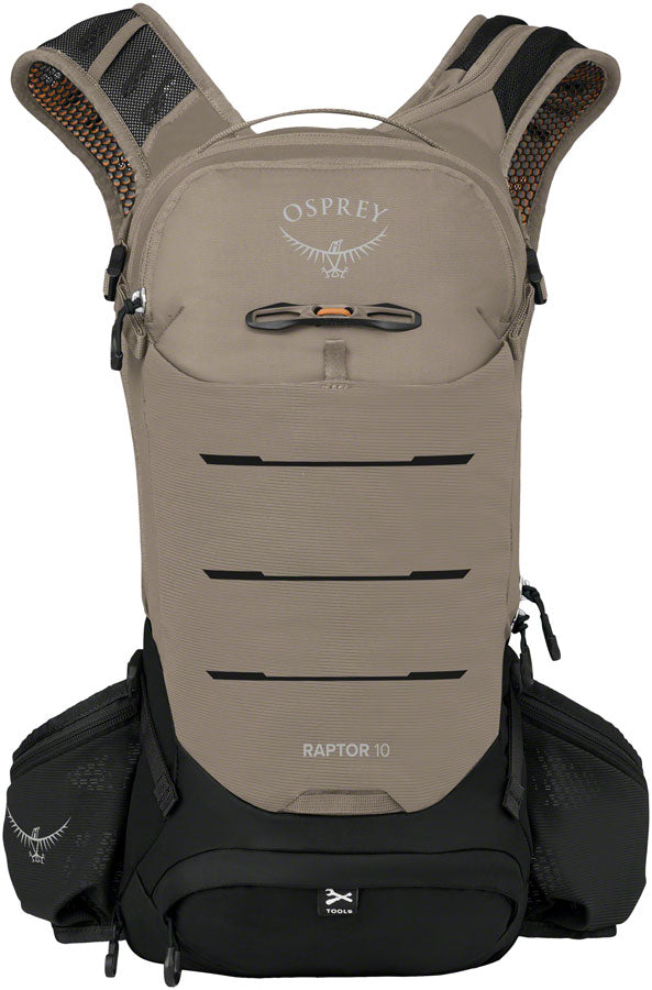 Osprey Raptor 10 hydration pack in Pediment Gray with water reservoir and adjustable straps, designed for outdoor hydration activities.