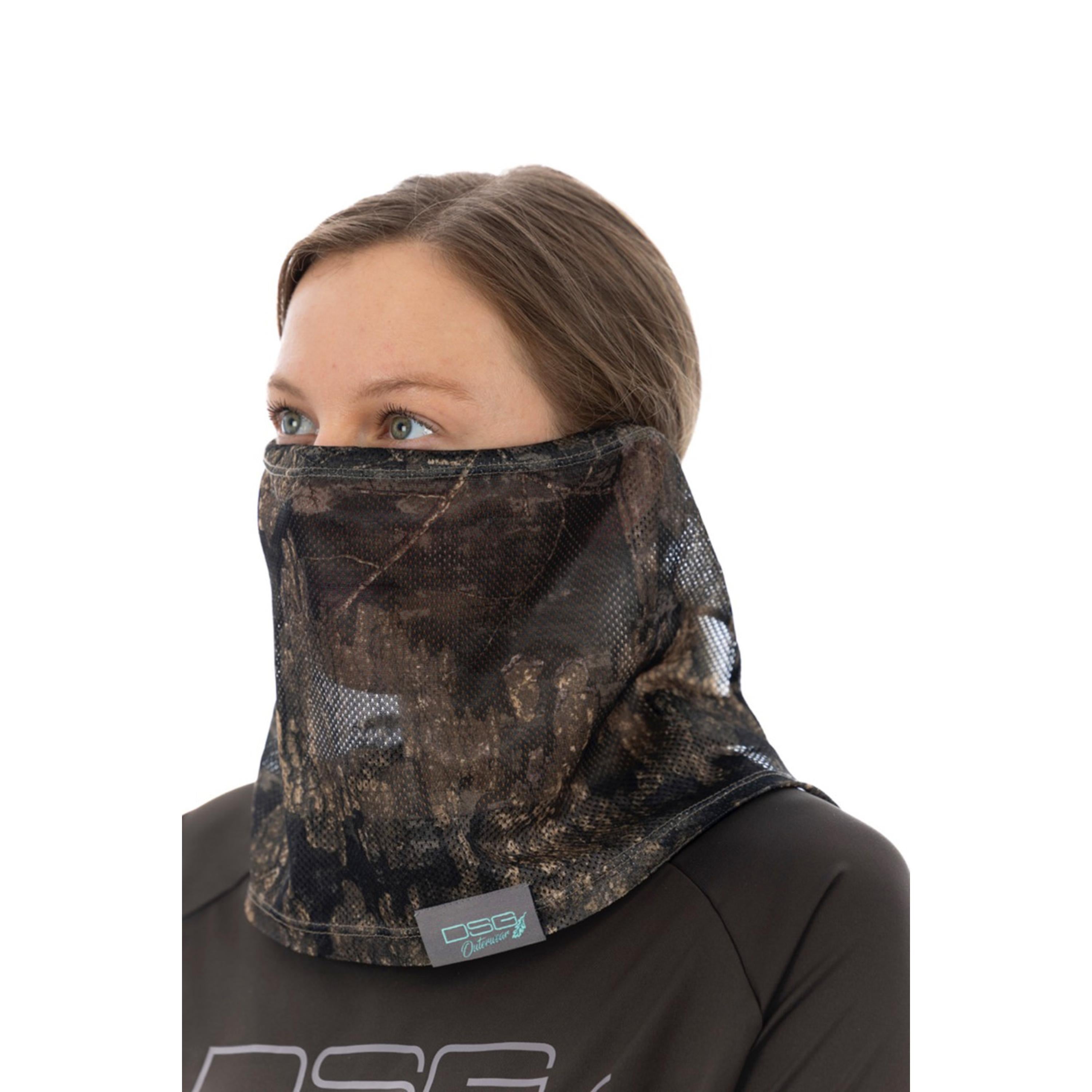 DSG OUTERWEAR mesh face mask showing breathable design with adjustable ear loops and secure fit for comfort.