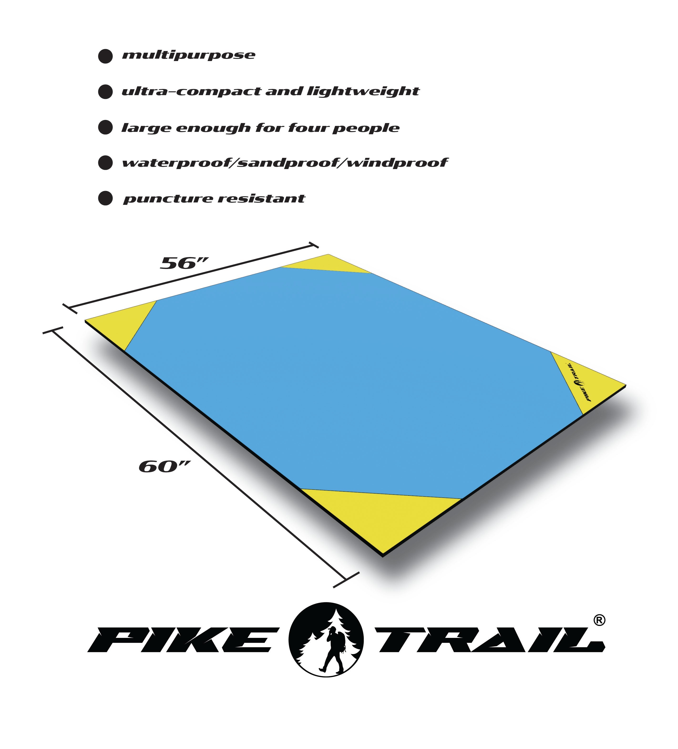 Blue and yellow Pike Trail pocket blanket spread out, compact and lightweight outdoor picnic blanket in a 3D perspective.