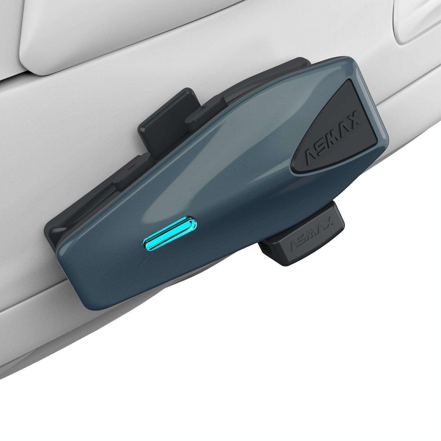 ASMAX™ wireless Bluetooth headset integrated into a motorcycle helmet for hands-free communication and audio.
