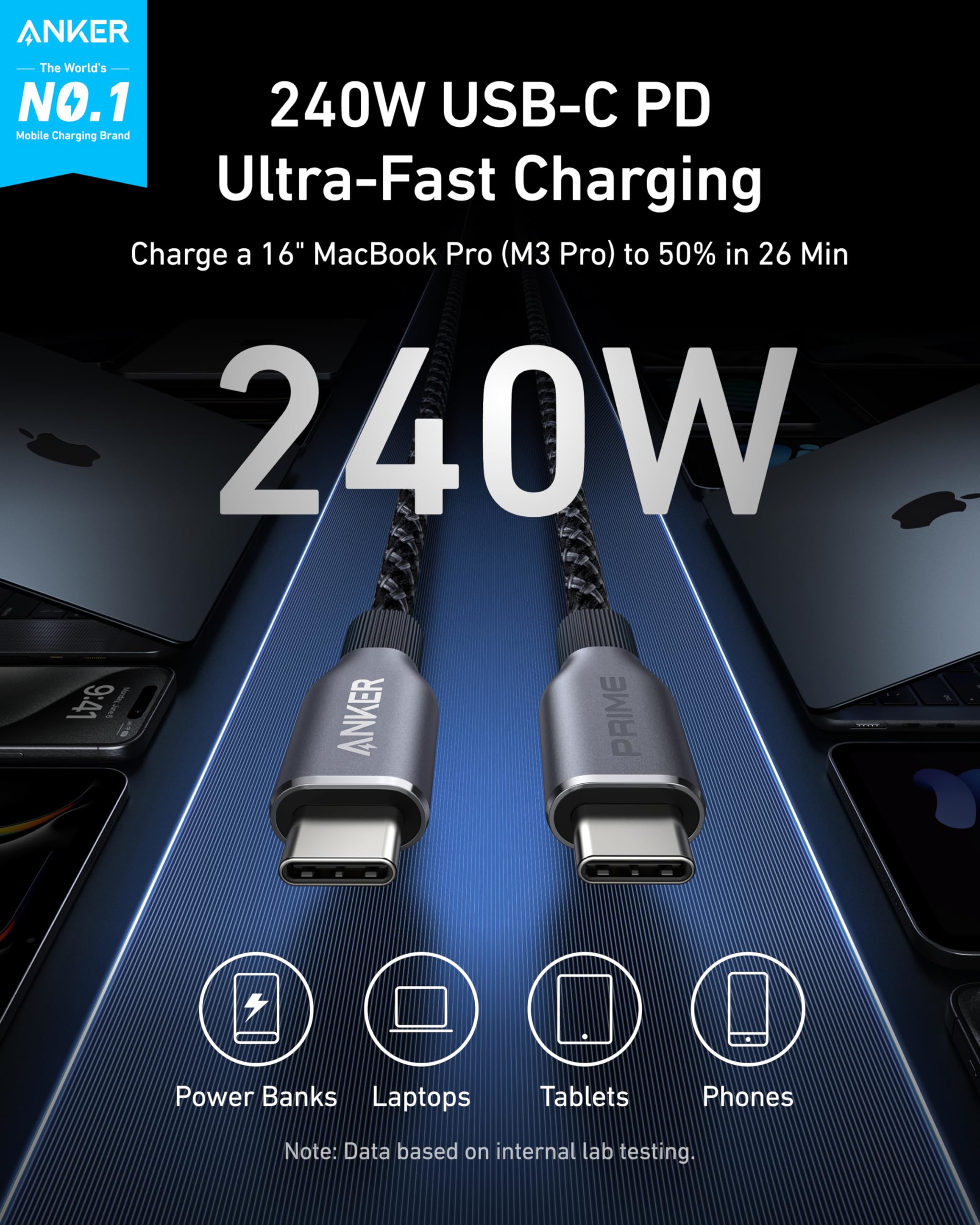 Anker Prime 3ft USB-C to USB-C braided cable with upcycled materials, designed for 240W fast charging and durability.