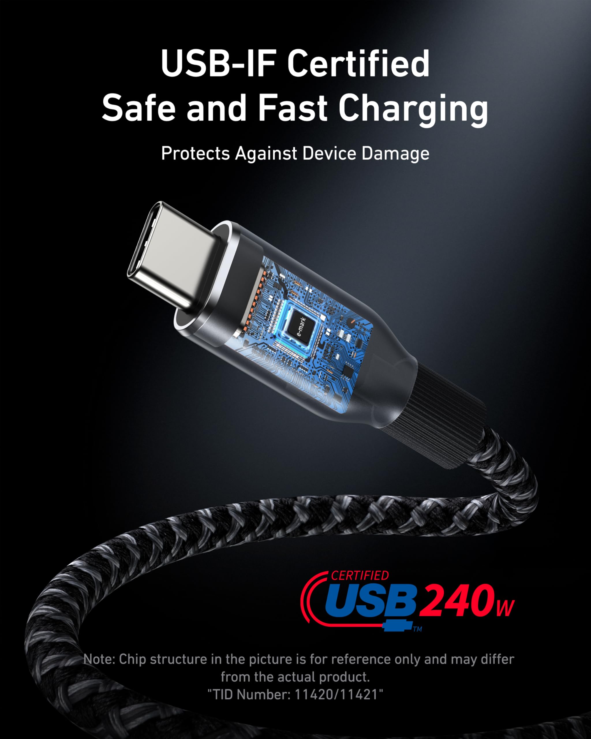 Anker Prime USB-C to USB-C cable, 3ft, braided design, upcycled material, 240W power capacity for fast charging and data transfer.