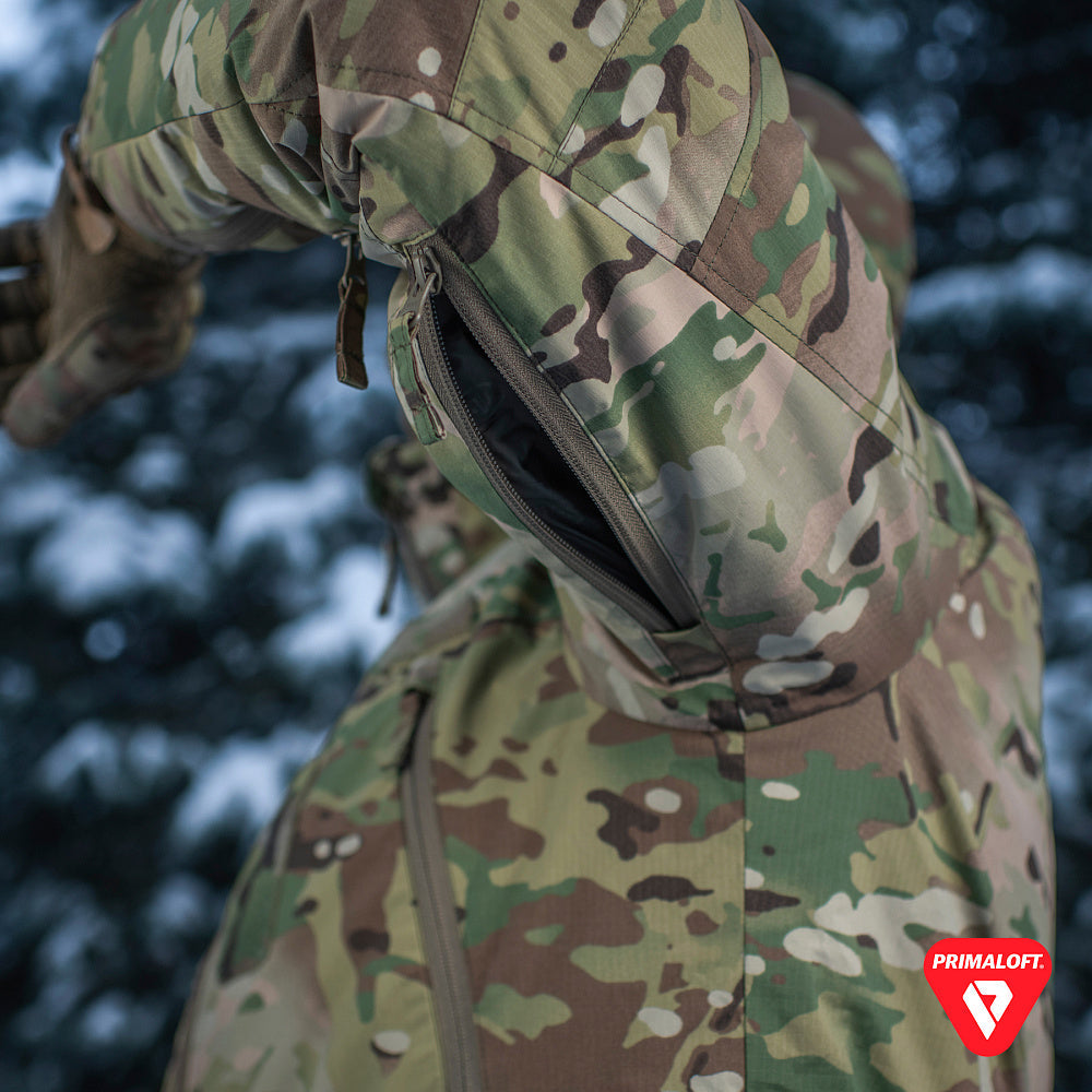 M-Tac Winter Jacket Alpha Gen.IV Pro Primaloft with hood, black color, featuring insulated design and multiple pockets for outdoor wear.