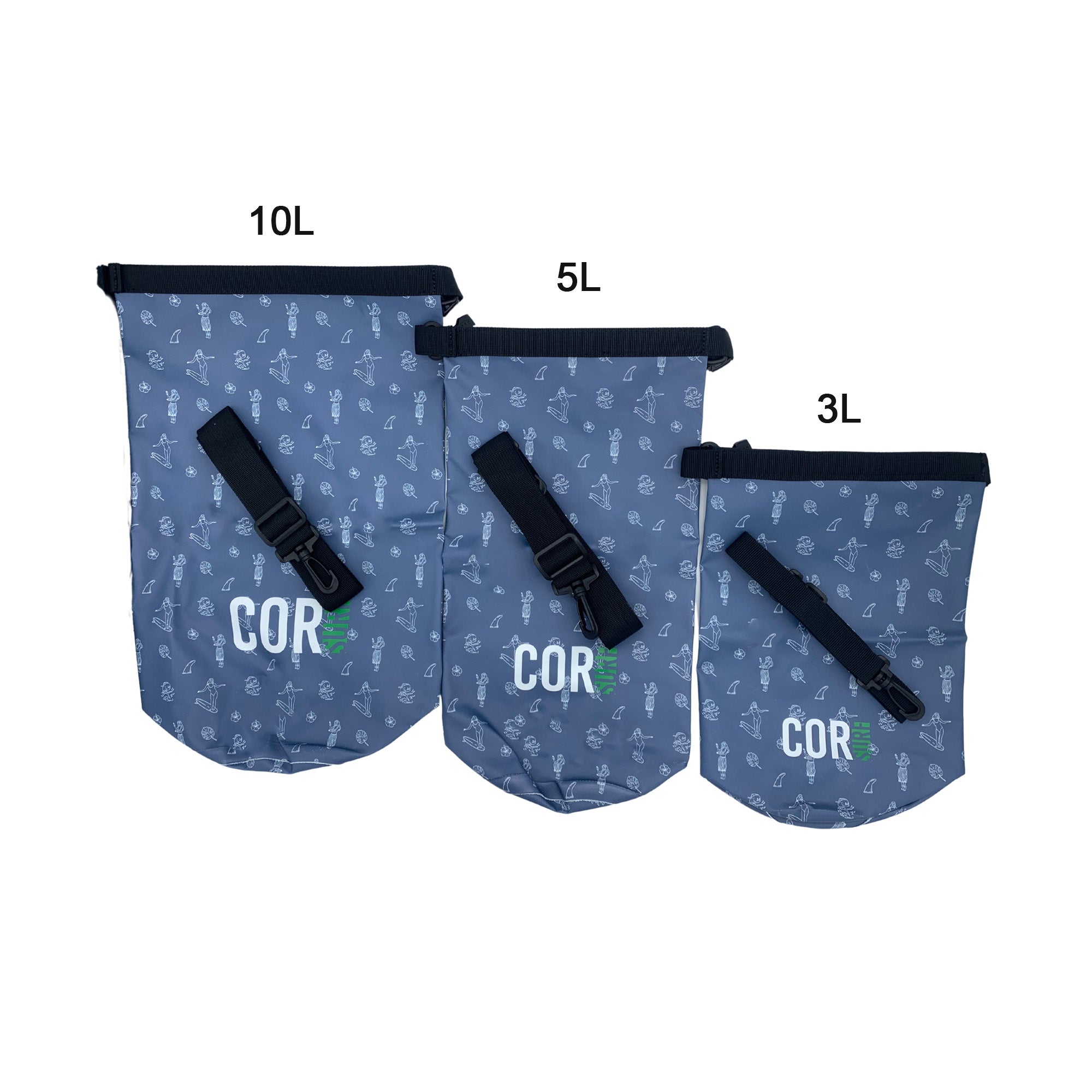 COR Surf Hawaiian print dry bags in 3L, 5L, 10L, 15L, and 3-pack, waterproof accessories for outdoor adventures.