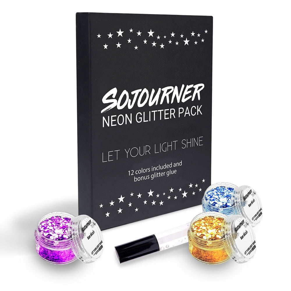 12 pack  Neon Glitter + 1 glitter glue Chunky Cosmetic Holographic Glitter | Body, Face & Hair Safe - OVERLANDERS Outfitter