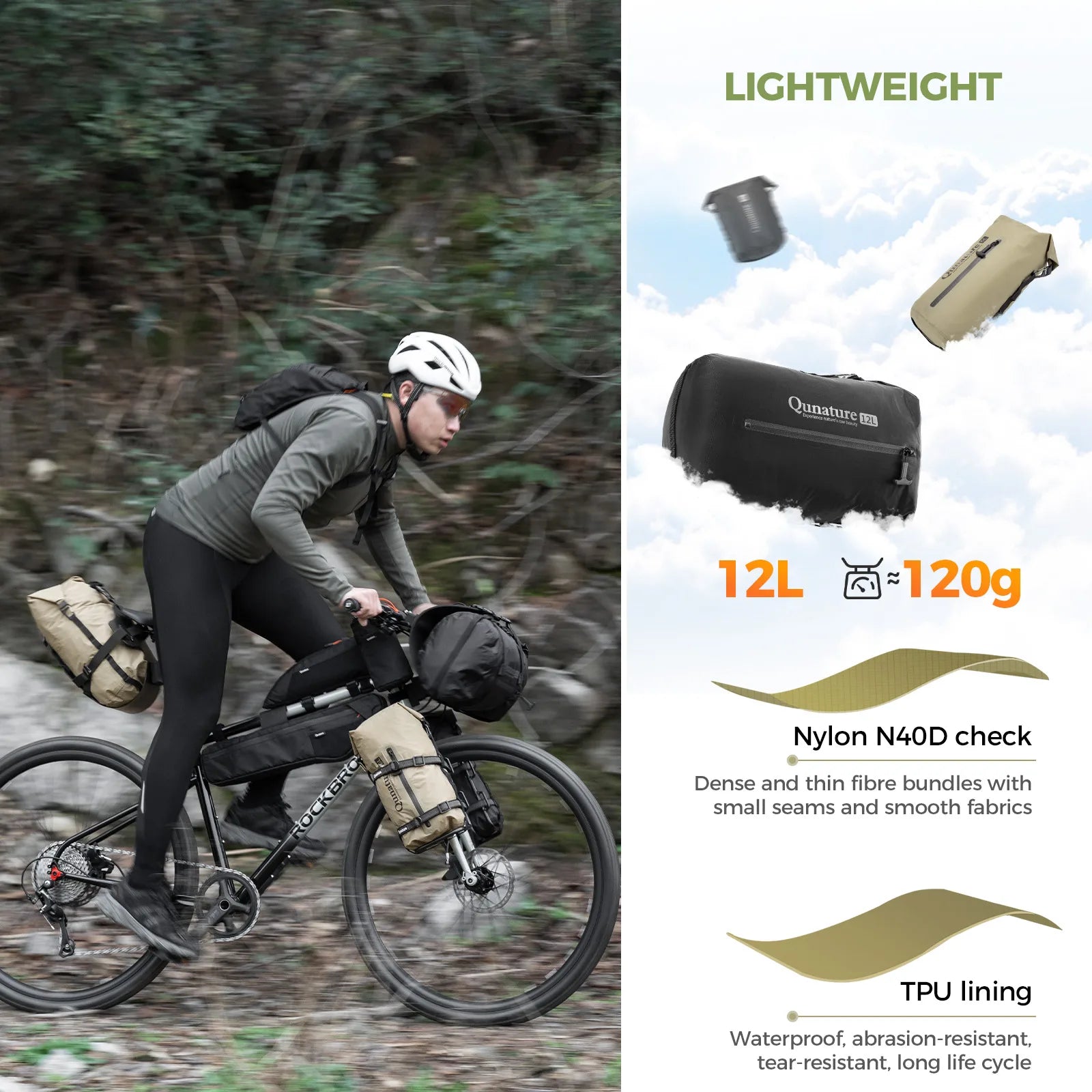Qunature Global bikepacking rear rack with waterproof compression bag, showcasing secure mounting and durable design.