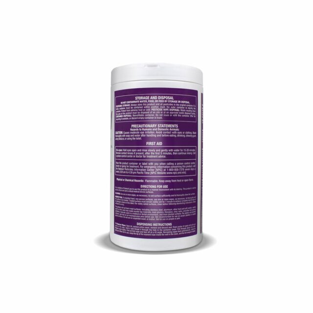 Back view of Alpenglow SaniZide Pro 1® surface disinfectant wipes canister, showcasing label and ingredient information.