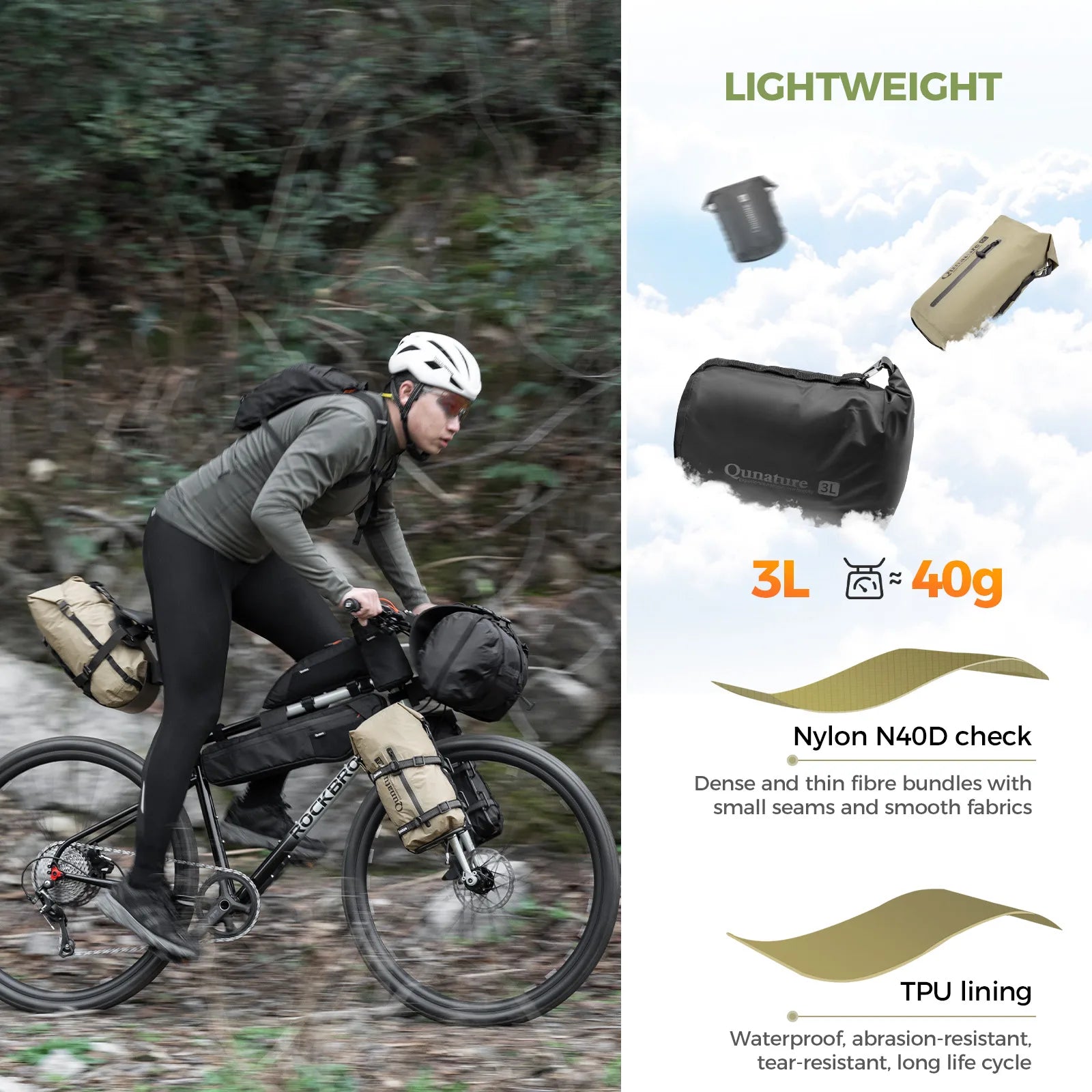 Qunature Global bikepacking rear rack with waterproof compression bag attached, showcasing durable design and storage features.