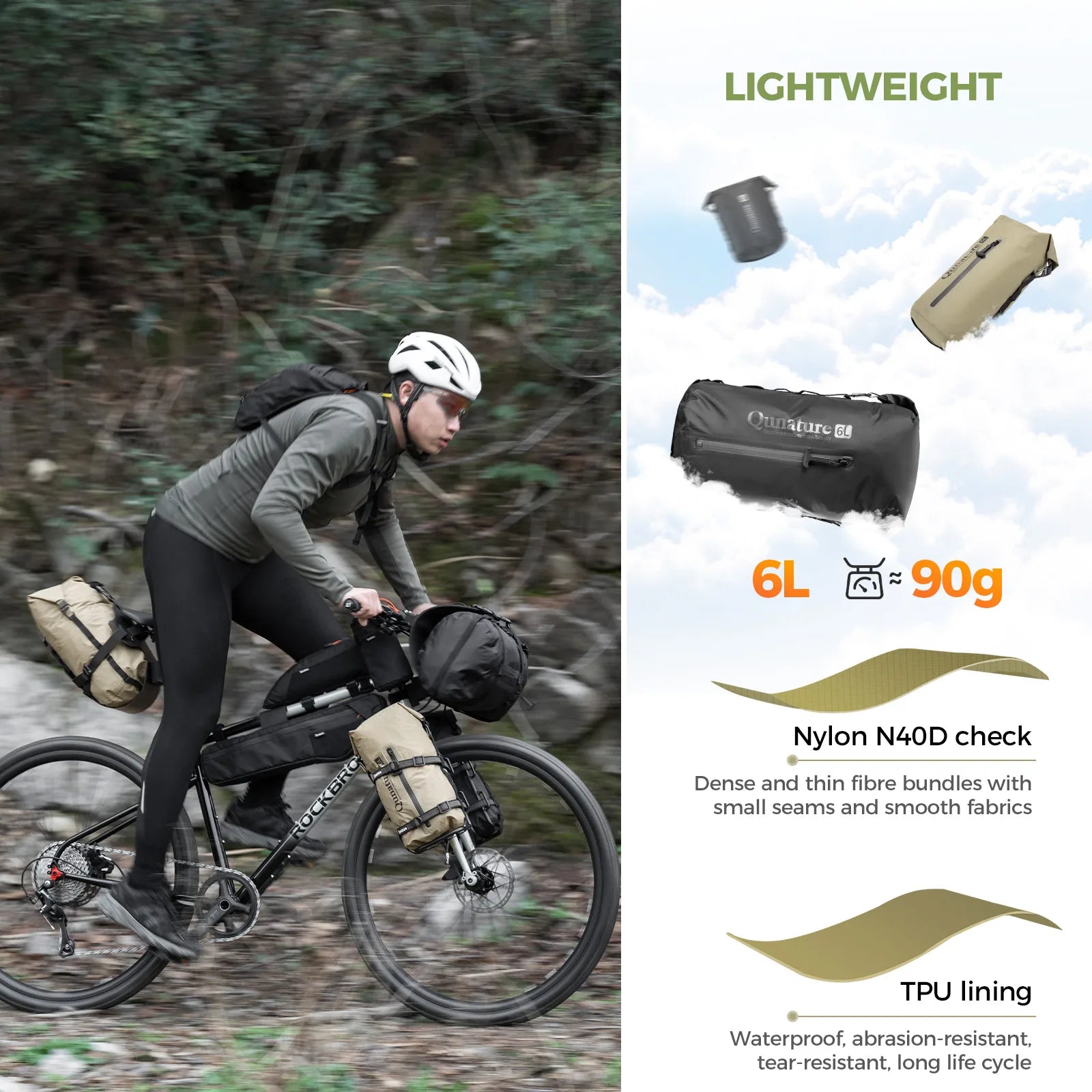 Qunature Global bikepacking rear rack with waterproof compression bag, showcasing durable design and secure mounting features.
