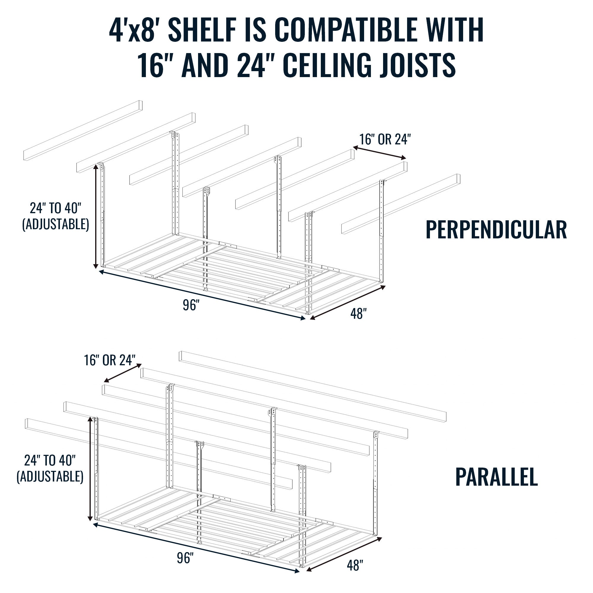 4' x 8' Faber Overhead Garage Shelving | Holds 700 lbs - OVERLANDERS Outfitter