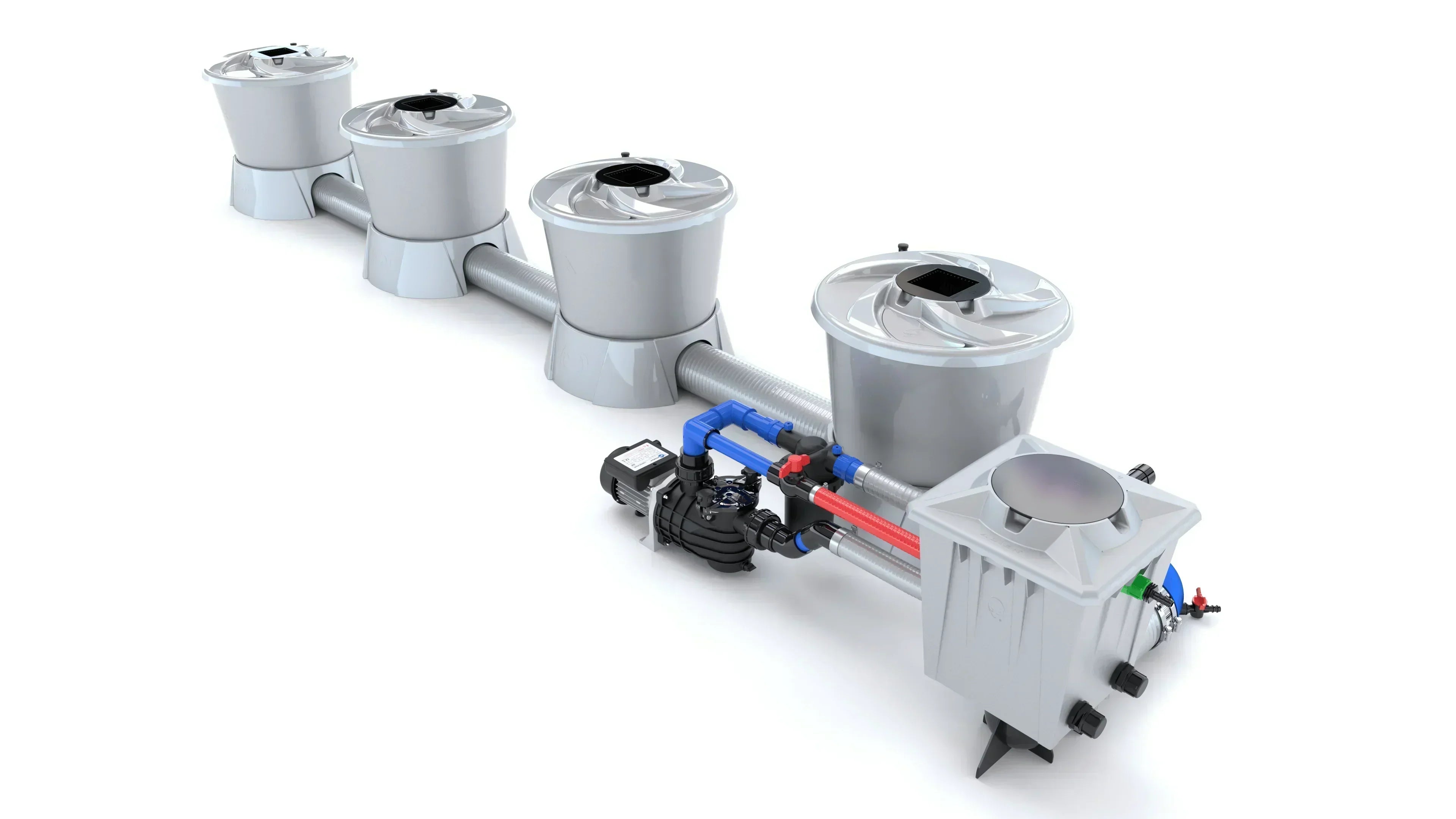 Green Vista Living Alien Hydroponics V-System 4 Pot 1 Row End Header Kit with four growing pots and header connector.