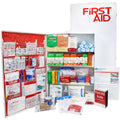 Steel 4-shelf ANSI A first aid cabinet from QuakeKits with organized first aid supplies and clear labeling.