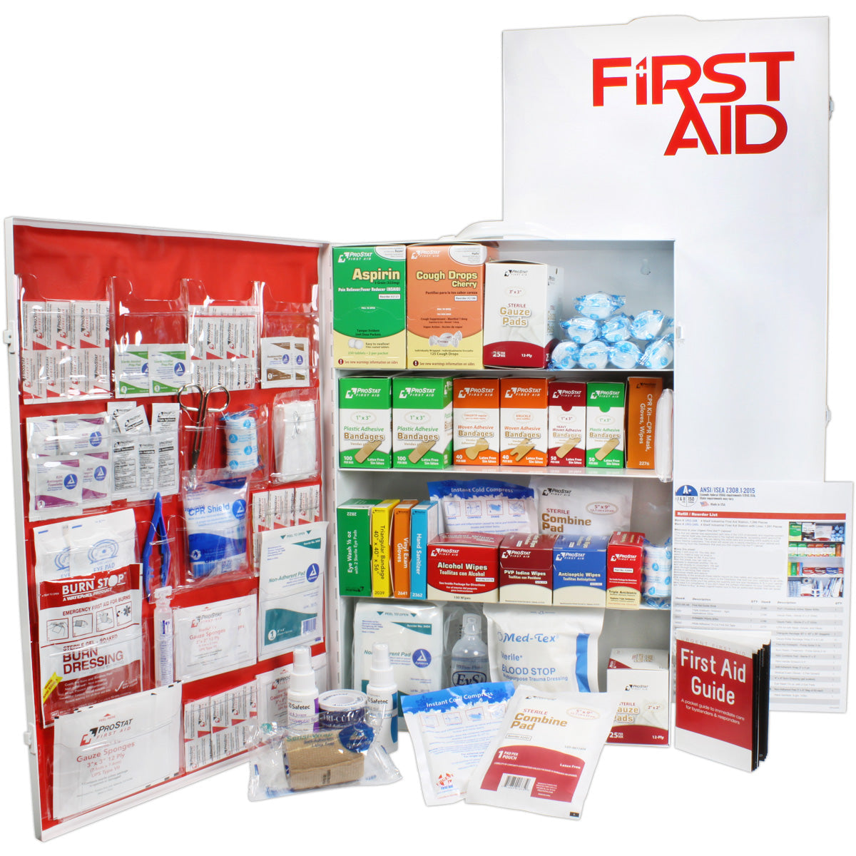 Steel 4-shelf ANSI A first aid cabinet from QuakeKits with organized first aid supplies and clear labeling.