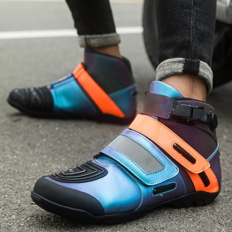 Neon motorcycle sneaker from 4 Seasons™ by Bean's Moto Booth featuring vibrant colors and sporty design for riding comfort.