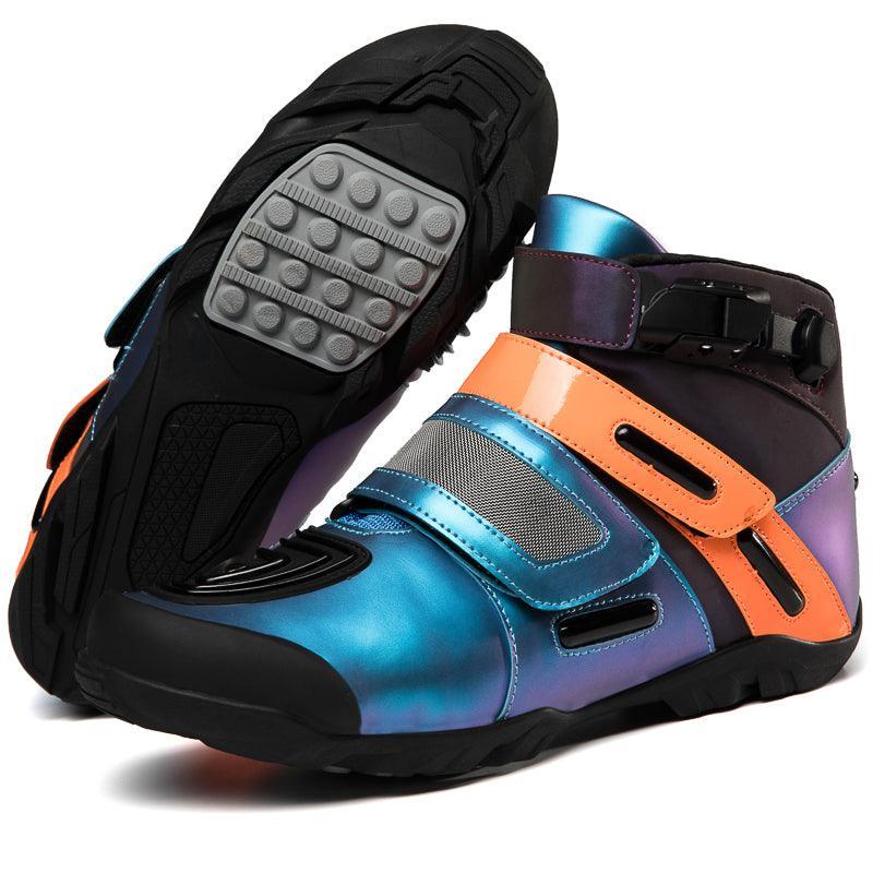 Neon motorcycle sneaker from 4 Seasons™ by Bean's Moto Booth, featuring vibrant colors and durable riding boot design.